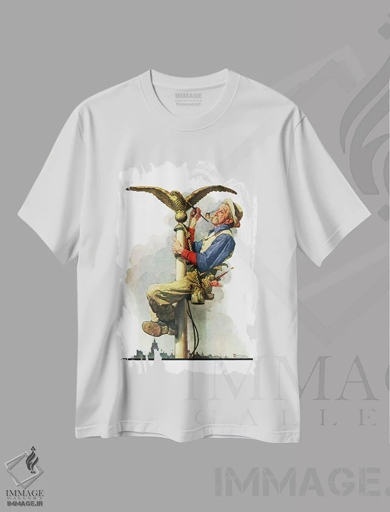 تیشرت سفید طرح دار طلائی کردن عقاب، هنر فاخر کلاسیک اثر نورمن راکول | فروشگاه ایماژ