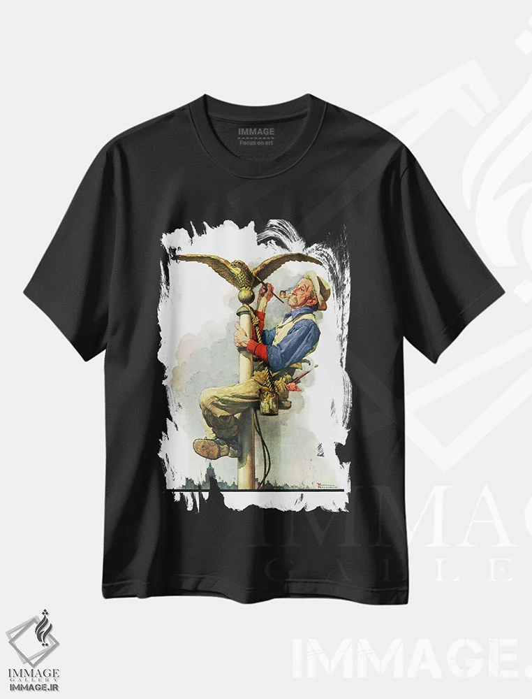 تیشرت مشکی طرح دار طلائی کردن عقاب، هنر فاخر کلاسیک اثر نورمن راکول | immage.ir