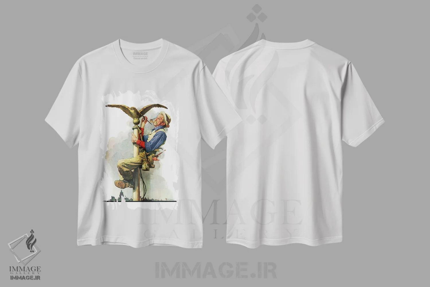 تیشرت سفید طرح دار طلائی کردن عقاب، هنر فاخر کلاسیک اثر نورمن راکول | فروشگاه ایماژ