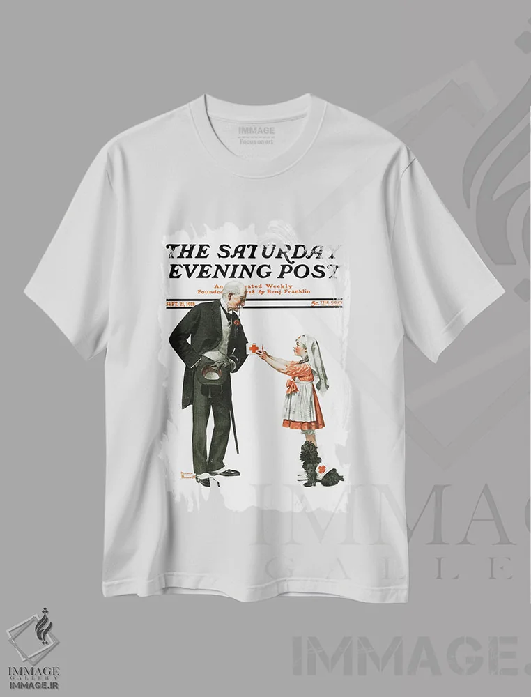 تیشرت سفید طرح دار اهدای کمک به صلیب سرخ، هنر فاخر کلاسیک اثر نورمن راکول | immage.ir