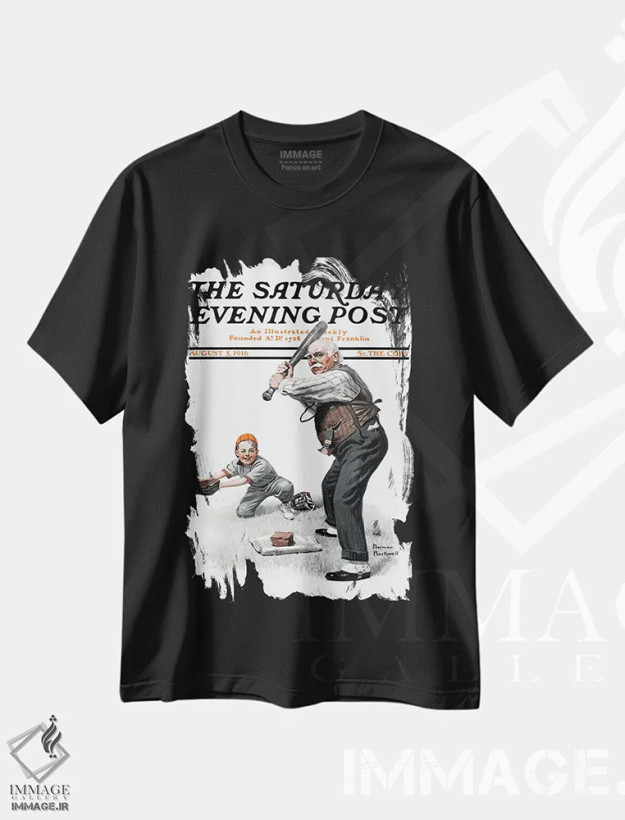 تیشرت مشکی طرح دار پدربزرگ در کنار صفحه بیسبال، هنر فاخر کلاسیک اثر نورمن راکول | فروشگاه ایماژ