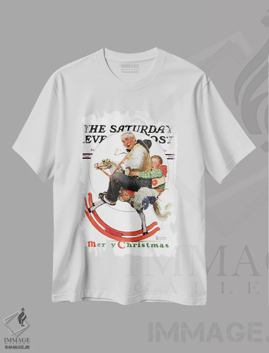 تیشرت سفید طرح دار پدربزرگ روی اسب چوبی، هنر فاخر کلاسیک اثر نورمن راکول | فروشگاه ایماژ