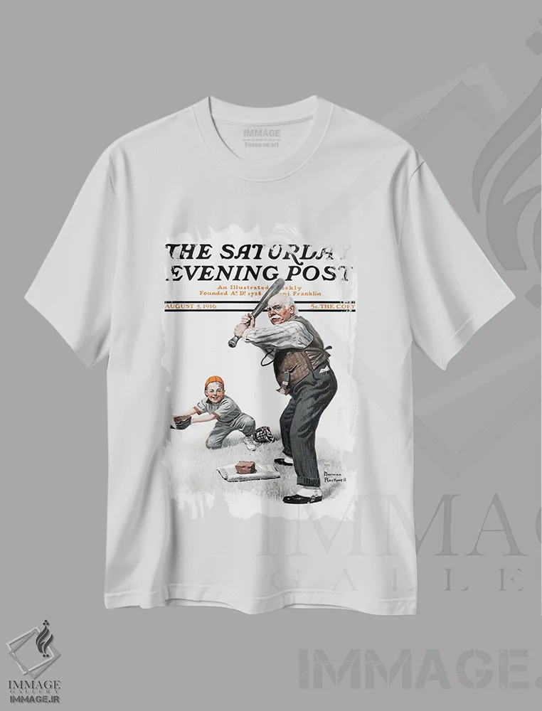 تیشرت سفید طرح دار پدربزرگ در کنار صفحه بیسبال، هنر فاخر کلاسیک اثر نورمن راکول | immage.ir