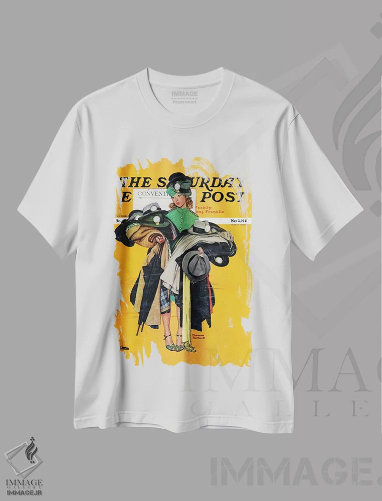 تیشرت سفید طرح دار دختر تحویل کلاه، هنر فاخر کلاسیک اثر نورمن راکول | فروشگاه ایماژ