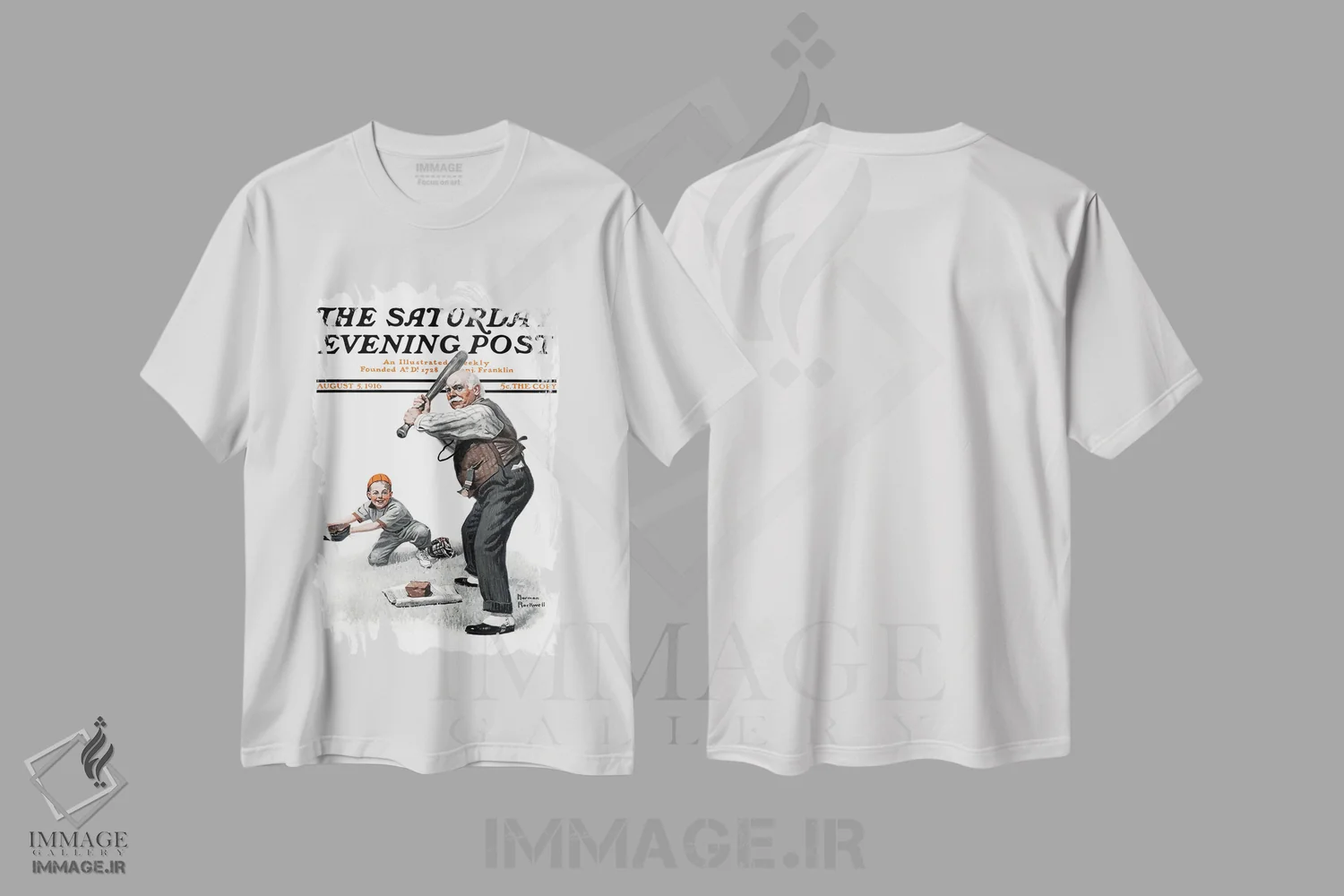 تیشرت سفید طرح دار پدربزرگ در کنار صفحه بیسبال، هنر فاخر کلاسیک اثر نورمن راکول | immage.ir