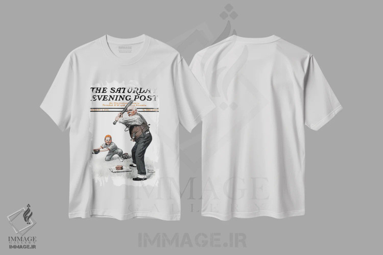 تیشرت سفید طرح دار پدربزرگ در کنار صفحه بیسبال، هنر فاخر کلاسیک اثر نورمن راکول | immage.ir