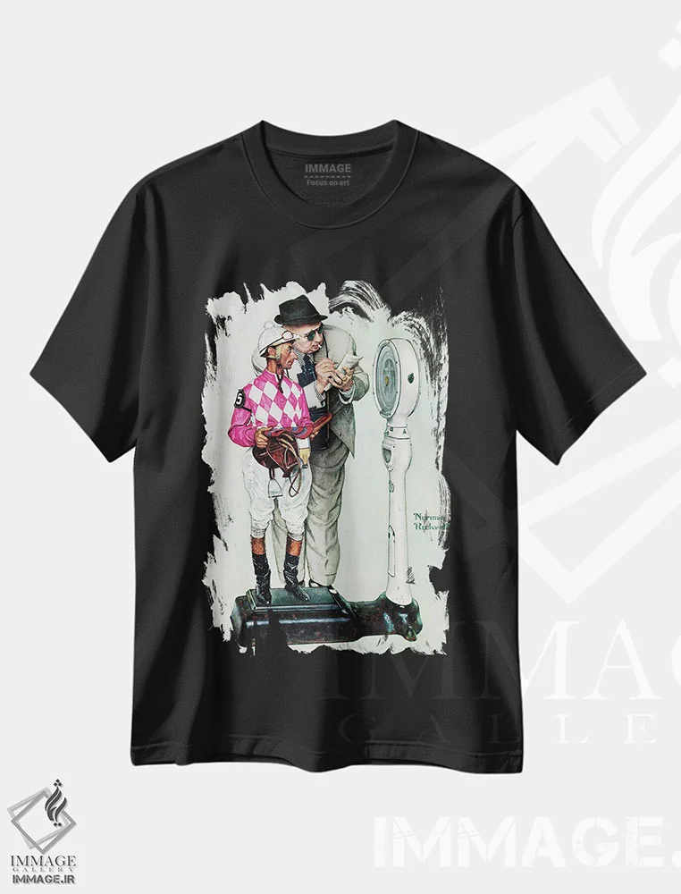 تیشرت مشکی طرح دار توپانداز در حال توزین، هنر فاخر کلاسیک اثر نورمن راکول | فروشگاه ایماژ