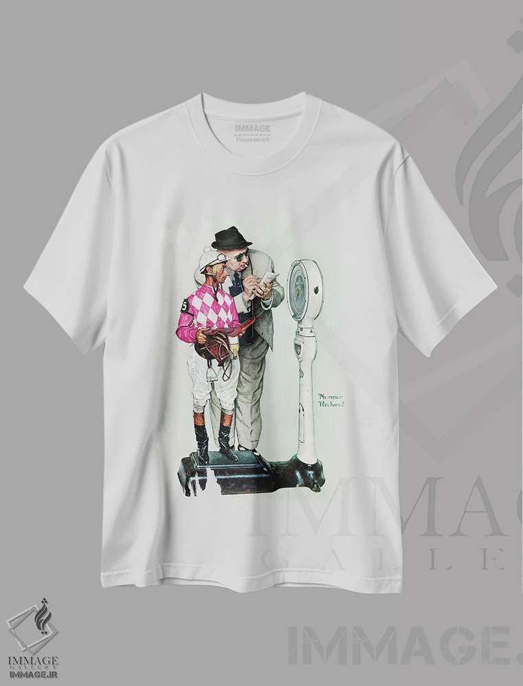 تیشرت سفید طرح دار توپانداز در حال توزین، هنر فاخر کلاسیک اثر نورمن راکول | immage.ir