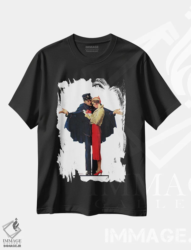تیشرت مشکی طرح دار گمشده در پاریس، هنر فاخر کلاسیک اثر نورمن راکول | immage.ir