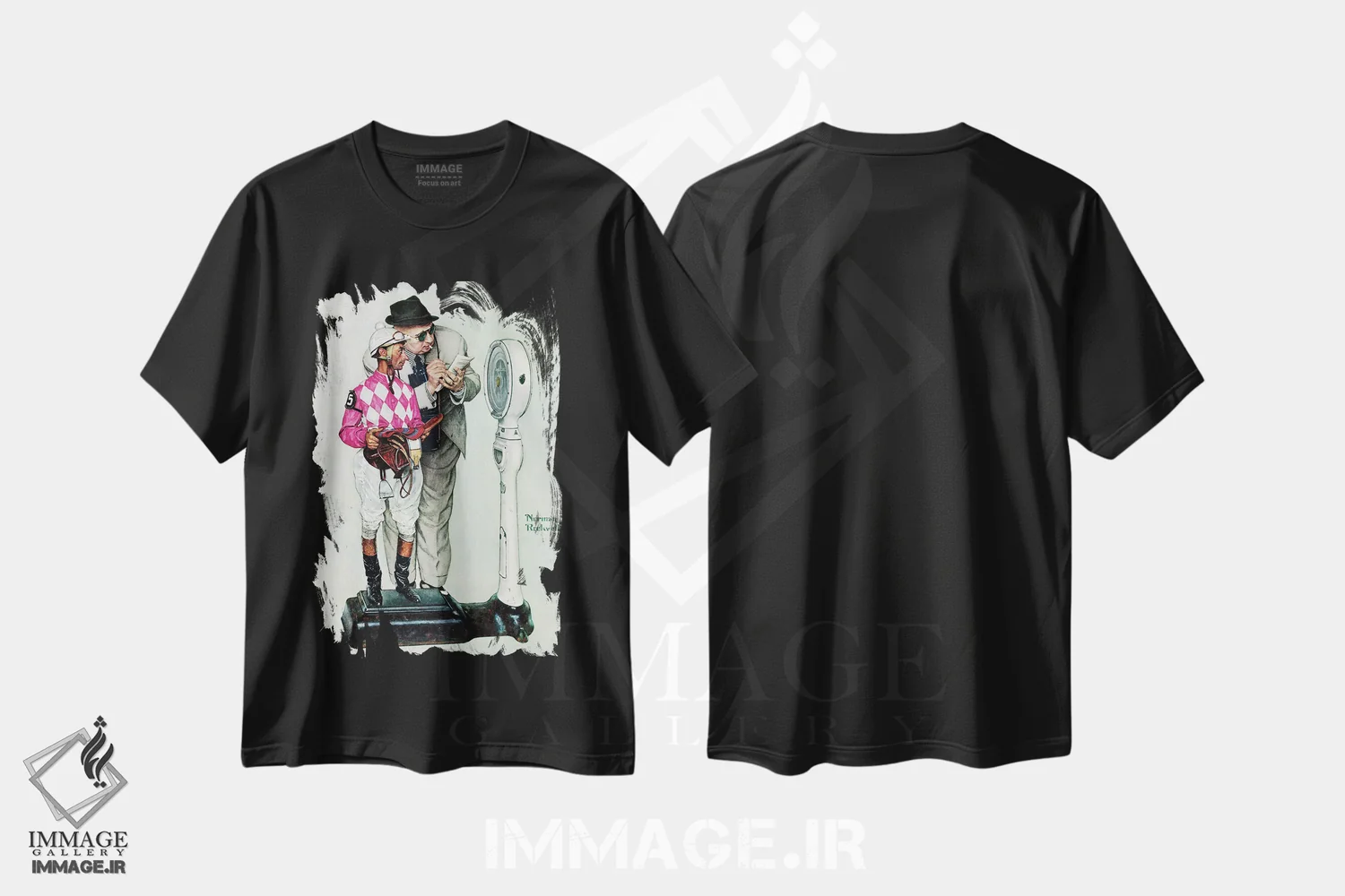 تیشرت مشکی طرح دار توپانداز در حال توزین، هنر فاخر کلاسیک اثر نورمن راکول | فروشگاه ایماژ