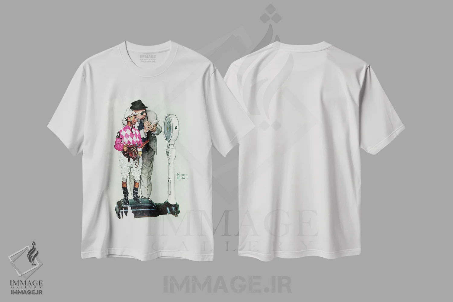 تیشرت سفید طرح دار توپانداز در حال توزین، هنر فاخر کلاسیک اثر نورمن راکول | immage.ir