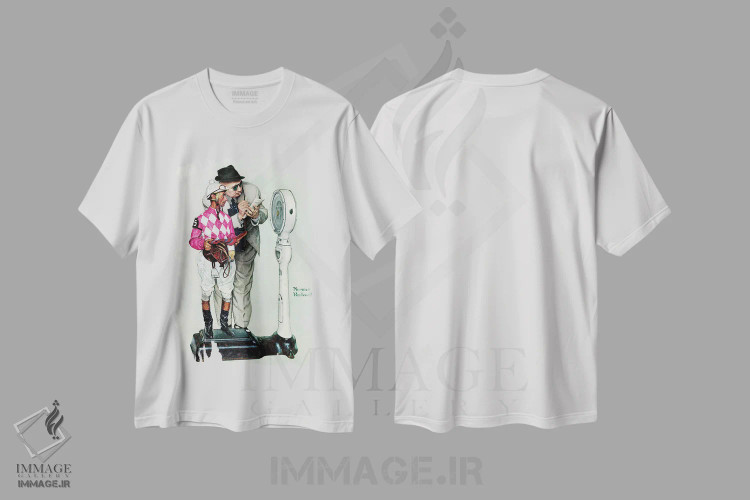 تیشرت سفید طرح دار توپانداز در حال توزین، هنر فاخر کلاسیک اثر نورمن راکول | immage.ir