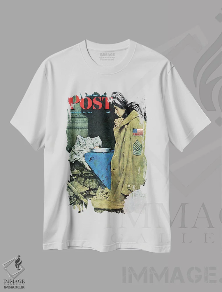 تیشرت سفید طرح دار شکرگزاری پناهندگان، هنر فاخر کلاسیک اثر نورمن راکول | immage.ir