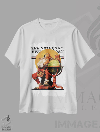 تیشرت سفید طرح دار بابانوئل کنار کره زمین، هنر فاخر کلاسیک اثر نورمن راکول | فروشگاه ایماژ