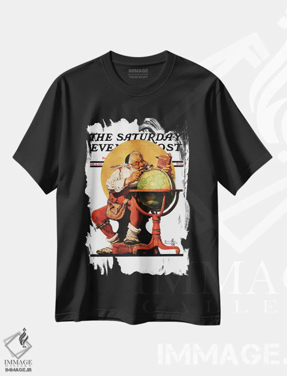 تیشرت مشکی طرح دار بابانوئل کنار کره زمین، هنر فاخر کلاسیک اثر نورمن راکول | immage.ir