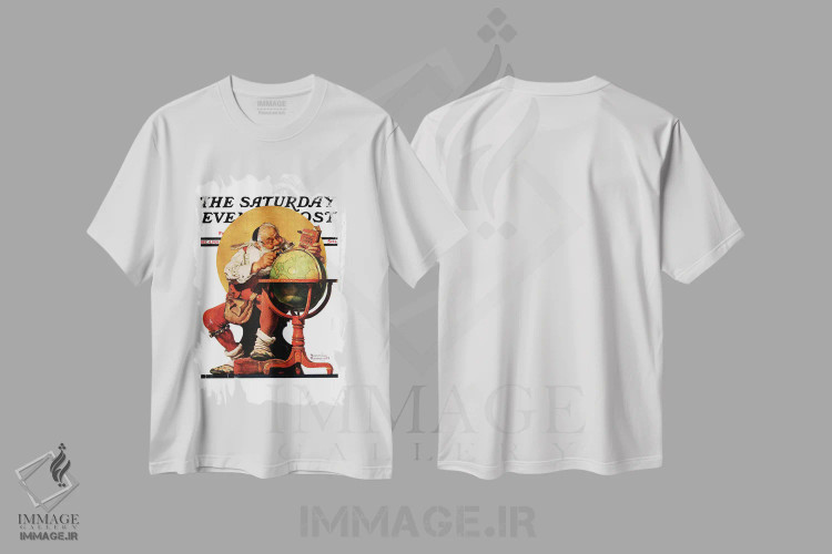 تیشرت سفید طرح دار بابانوئل کنار کره زمین، هنر فاخر کلاسیک اثر نورمن راکول | فروشگاه ایماژ