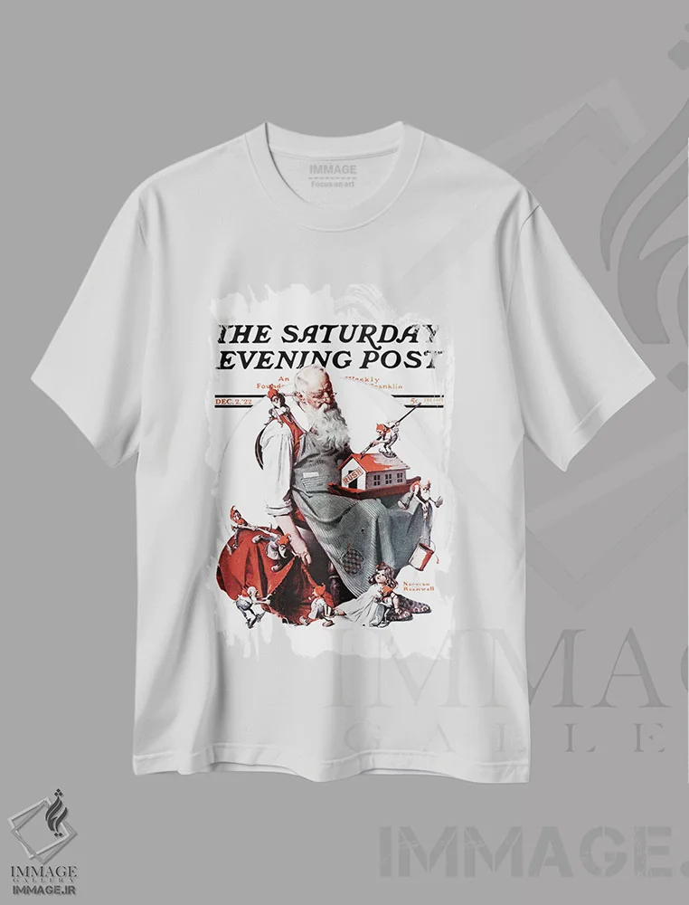 تیشرت سفید طرح دار بابانوئل با الف ها، هنر فاخر کلاسیک اثر نورمن راکول | فروشگاه ایماژ