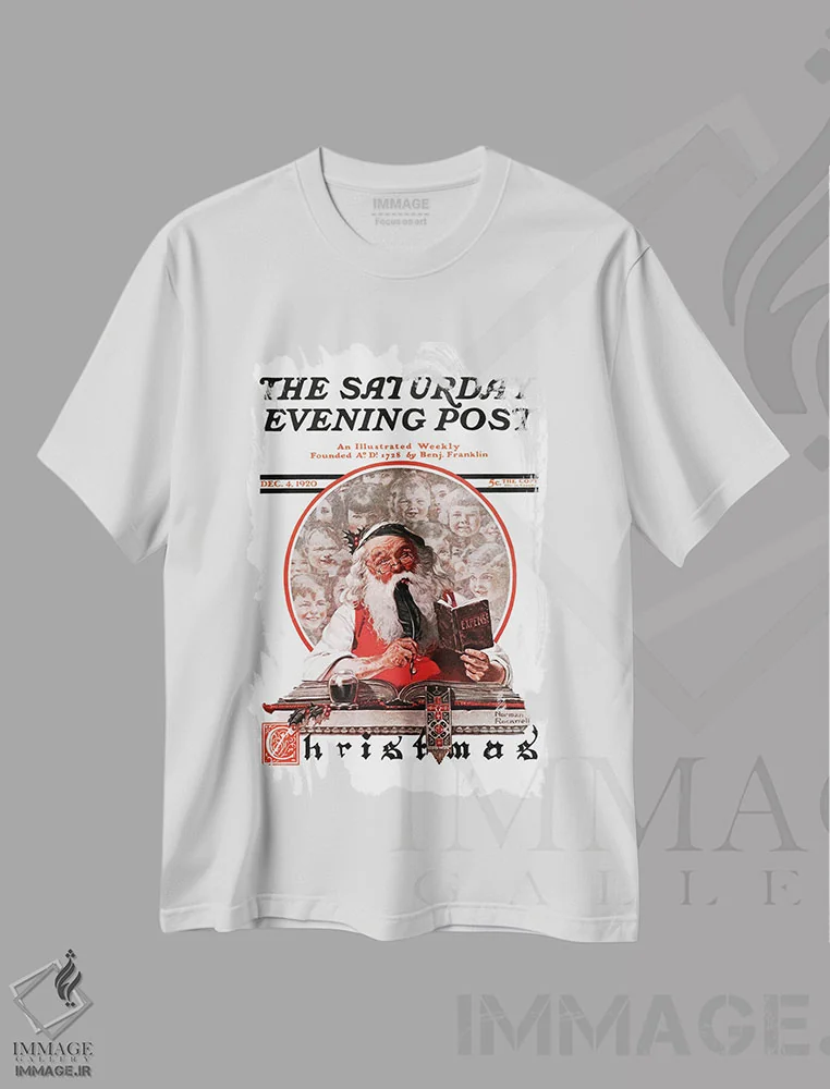 تیشرت سفید طرح دار هزینه های بابانوئل، هنر فاخر کلاسیک اثر نورمن راکول | immage.ir