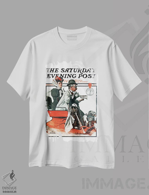 تیشرت سفید طرح دار جلد با سرعت رفتن، هنر فاخر کلاسیک اثر نورمن راکول | immage.ir