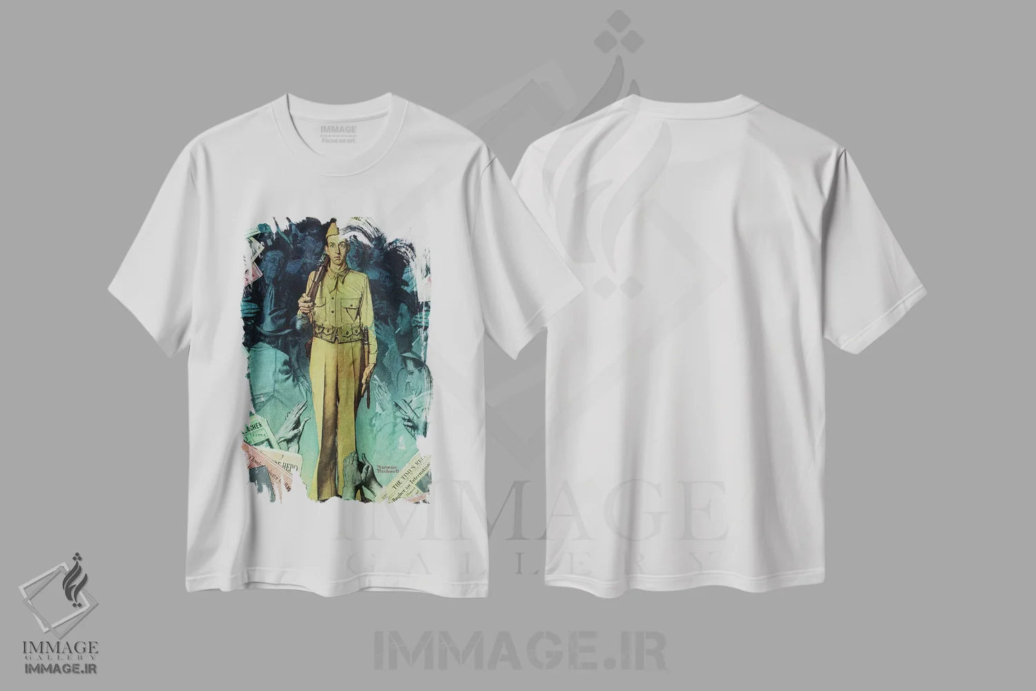 تیشرت سفید طرح دار الهه و سرباز گالاگر، هنر فاخر کلاسیک اثر نورمن راکول | immage.ir