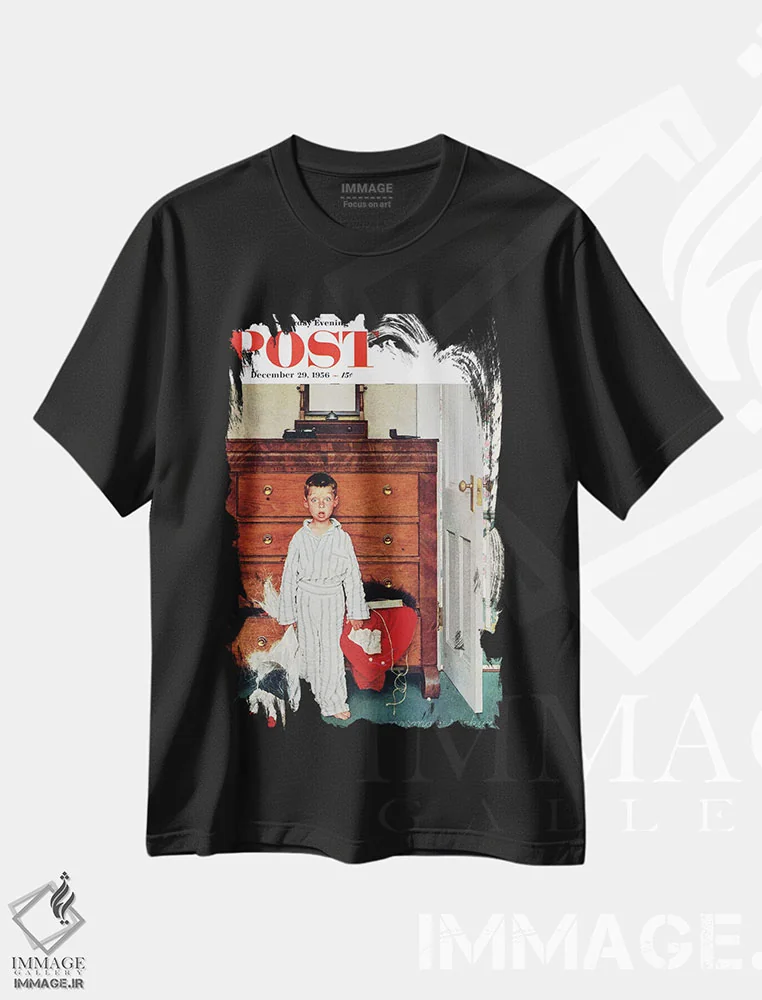تیشرت مشکی طرح دار جلد حقیقت بابانوئل، هنر فاخر کلاسیک اثر نورمن راکول | immage.ir