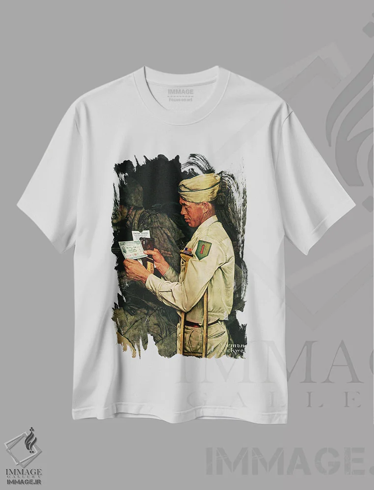تیشرت سفید طرح دار اوراق قرضه جنگی، هنر فاخر کلاسیک اثر نورمن راکول | immage.ir