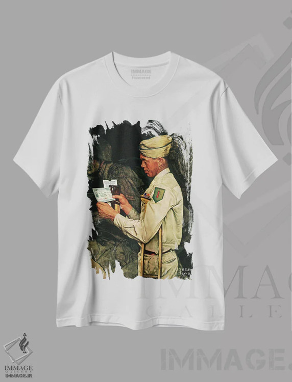 تیشرت سفید طرح دار اوراق قرضه جنگی، هنر فاخر کلاسیک اثر نورمن راکول | immage.ir