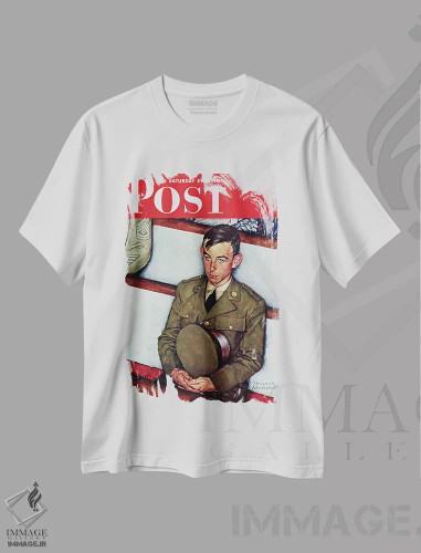 تیشرت سفید طرح دار روی جلد ویلی گیلیس در کلیسا، هنر فاخر کلاسیک اثر نورمن راکول | فروشگاه ایماژ