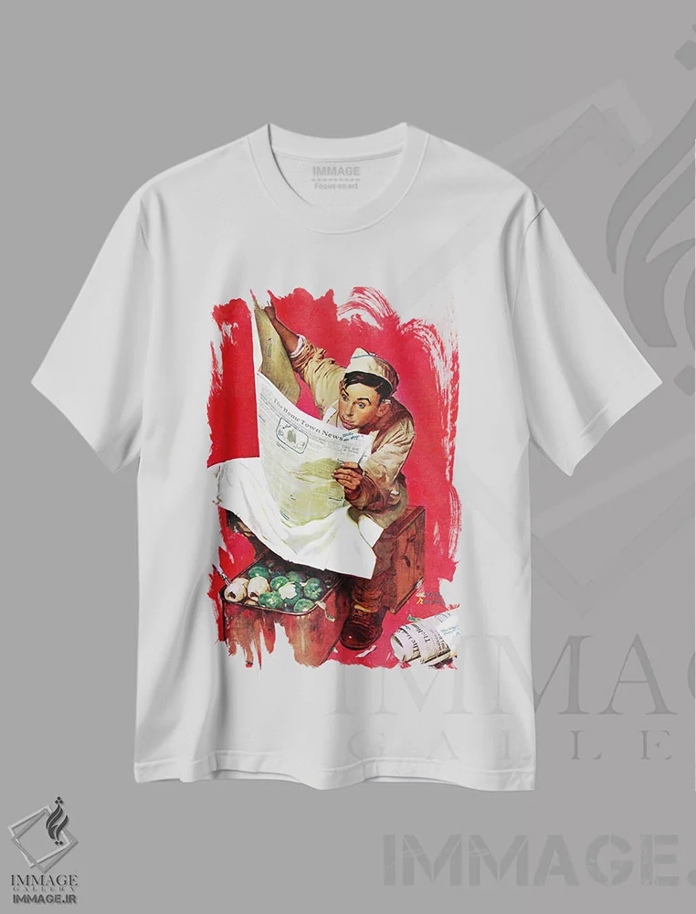 تیشرت سفید طرح دار ویلی گیلیس سر خدمت، هنر فاخر کلاسیک اثر نورمن راکول | immage.ir
