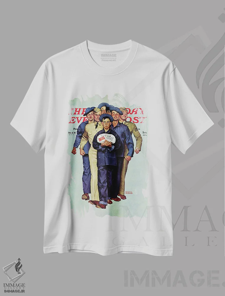 تیشرت سفید طرح دار بسته ویلی گیلیس از خانه، هنر فاخر کلاسیک اثر نورمن راکول | فروشگاه ایماژ