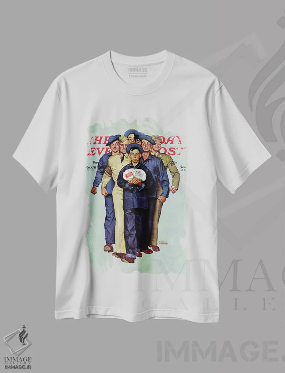 تیشرت سفید طرح دار بسته ویلی گیلیس از خانه، هنر فاخر کلاسیک اثر نورمن راکول | فروشگاه ایماژ