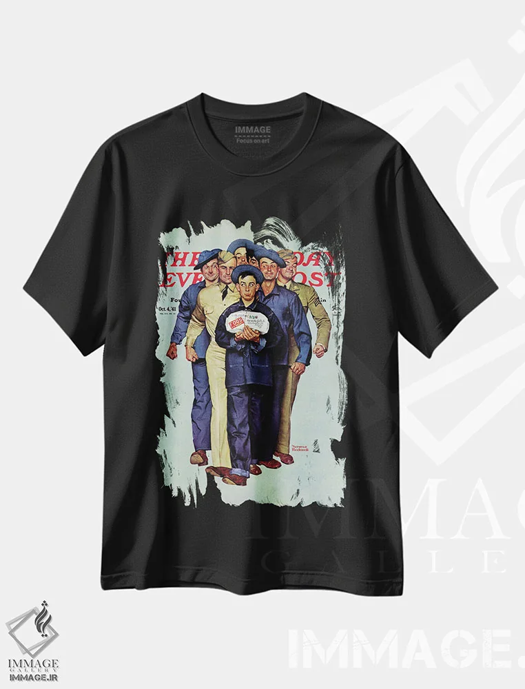 تیشرت مشکی طرح دار بسته ویلی گیلیس از خانه، هنر فاخر کلاسیک اثر نورمن راکول | immage.ir