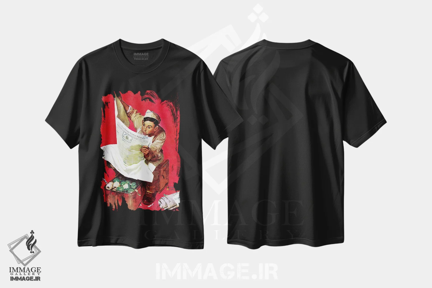تیشرت مشکی طرح دار ویلی گیلیس سر خدمت، هنر فاخر کلاسیک اثر نورمن راکول | فروشگاه ایماژ