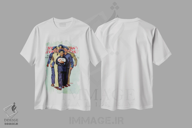 تیشرت سفید طرح دار بسته ویلی گیلیس از خانه، هنر فاخر کلاسیک اثر نورمن راکول | فروشگاه ایماژ