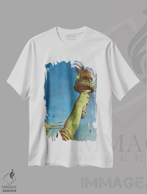 تیشرت سفید طرح دار کار بر روی تندیس آزادی، هنر فاخر کلاسیک اثر نورمن راکول | فروشگاه ایماژ