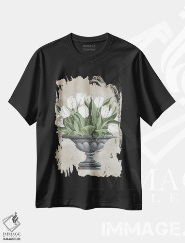 تیشرت مشکی طرح دار گلدان لاله، دکور معاصر اثر جولی نورکوس | فروشگاه ایماژ