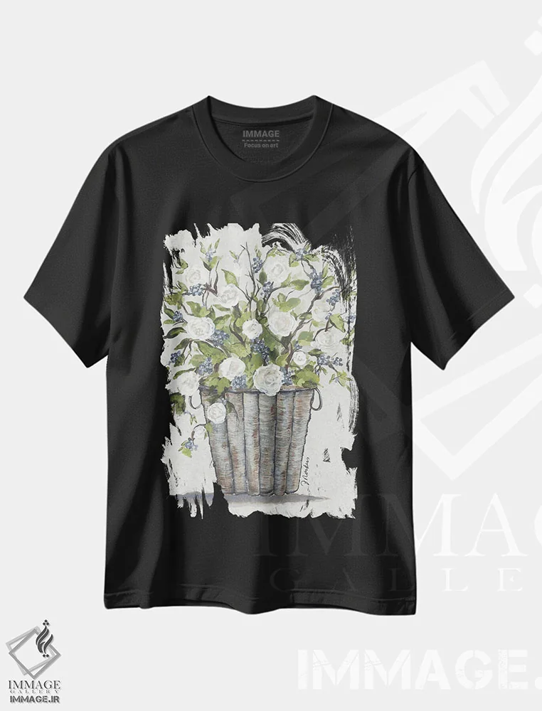 تیشرت مشکی طرح دار سبد گل رز شیرین، دکور معاصر اثر جولی نورکوس | immage.ir