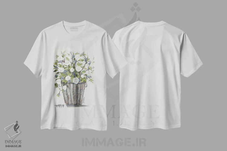 تیشرت سفید طرح دار سبد گل رز شیرین، دکور معاصر اثر جولی نورکوس | فروشگاه ایماژ