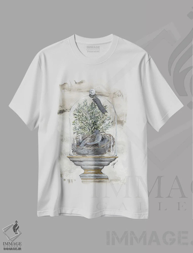 تیشرت سفید طرح دار طاق پرنده زمستانی، دکور روستایی اثر جولی نورکوس | فروشگاه ایماژ