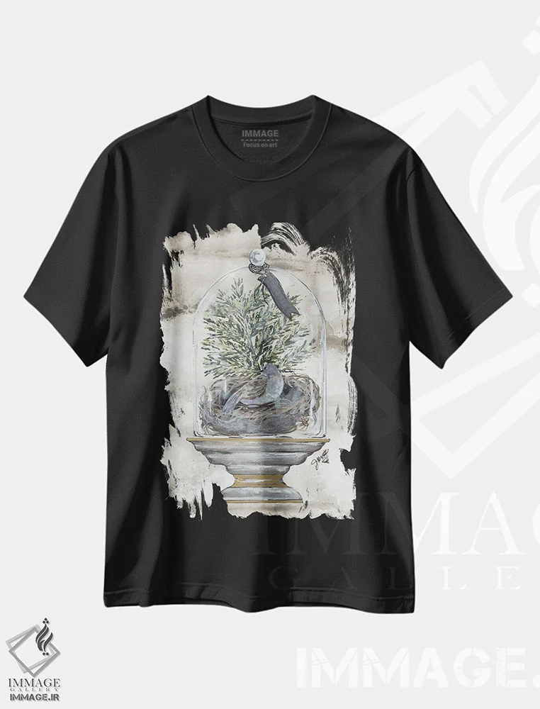 تیشرت مشکی طرح دار طاق پرنده زمستانی، دکور روستایی اثر جولی نورکوس | immage.ir