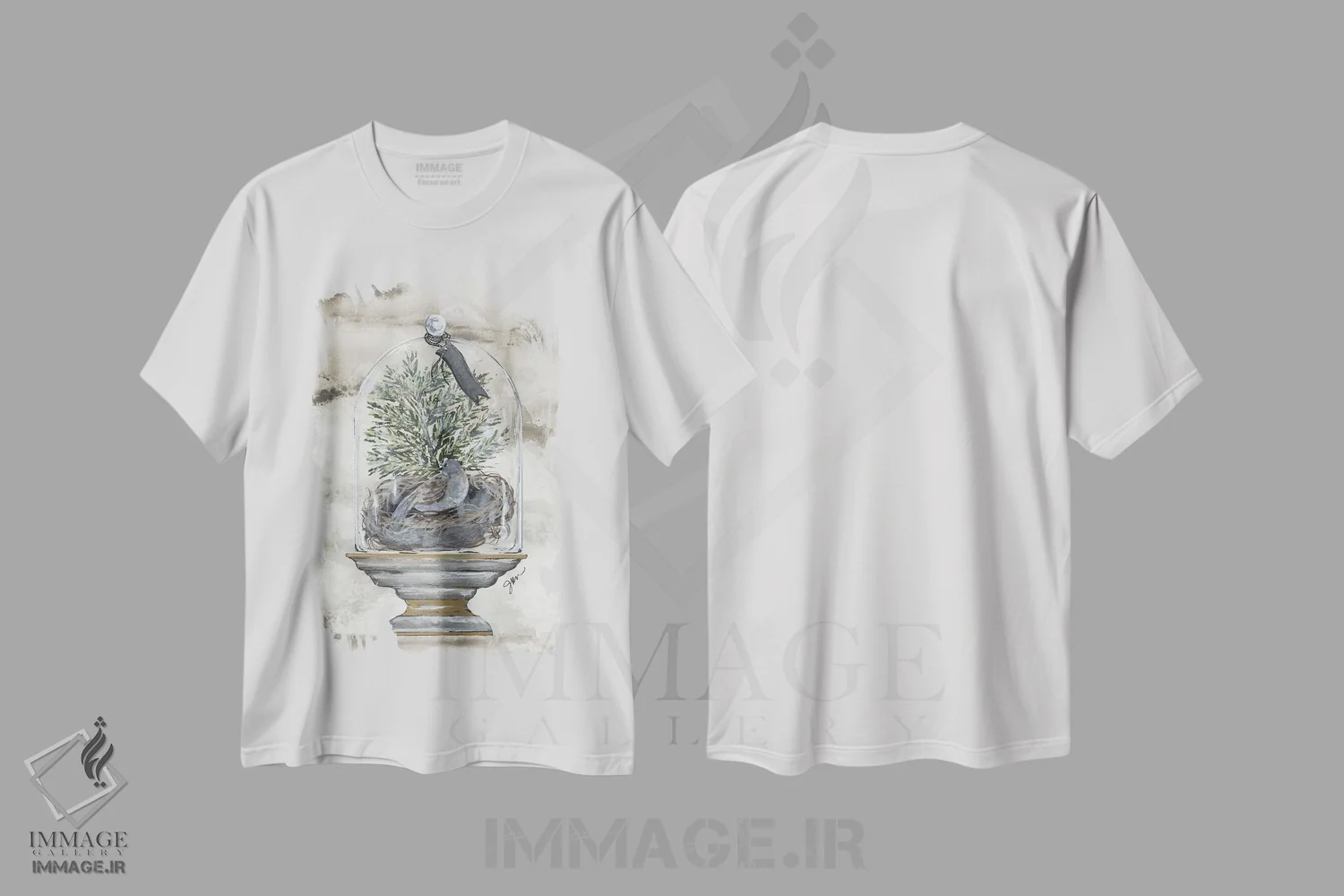 تیشرت سفید طرح دار طاق پرنده زمستانی، دکور روستایی اثر جولی نورکوس | فروشگاه ایماژ
