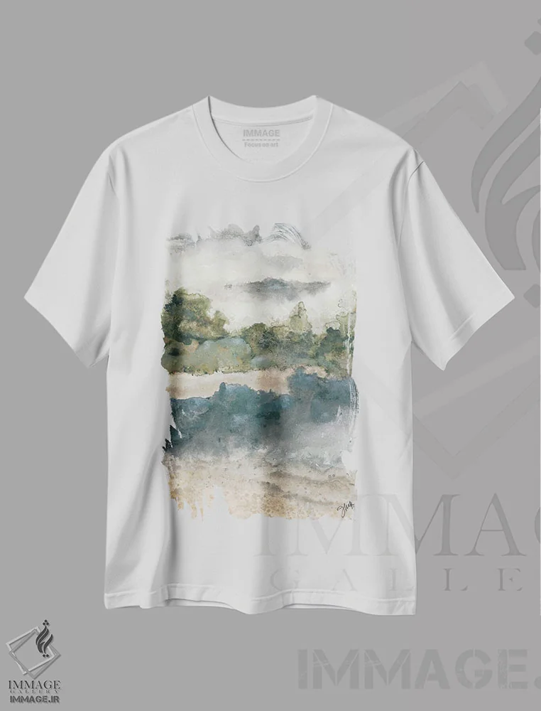 تیشرت سفید طرح دار آرامش ۱، آبستره اثر جولی نورکوس | فروشگاه ایماژ