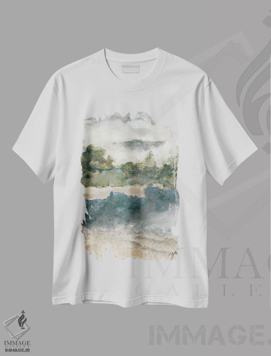 تیشرت سفید طرح دار آرامش ۱، آبستره اثر جولی نورکوس | فروشگاه ایماژ