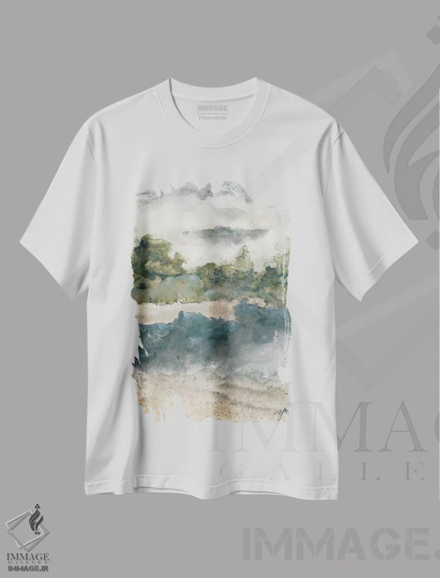 تیشرت سفید طرح دار آرامش ۱، آبستره اثر جولی نورکوس | فروشگاه ایماژ