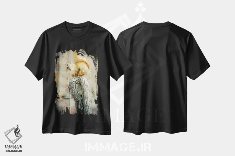 تیشرت مشکی طرح دار سنجاب روی شاخه خمیده، مدیوم اثر نیک ریو | فروشگاه ایماژ