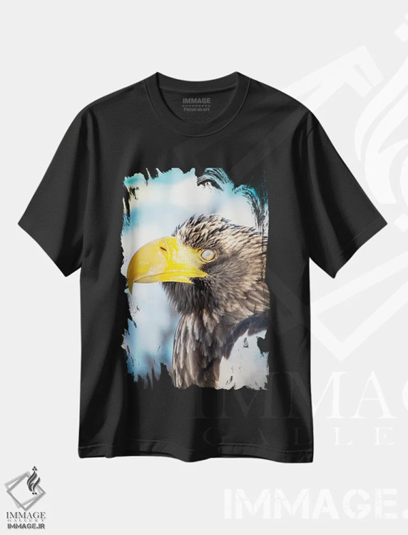 تیشرت مشکی طرح دار پرتره عقاب کله سفید در حال پلک زدن، مدیوم اثر نیک ریو | فروشگاه ایماژ