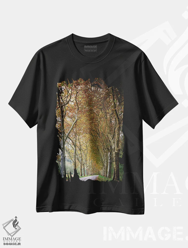 تیشرت مشکی طرح دار کوچه درختان بلند پاییزی، مدیوم اثر نیک ریو | فروشگاه ایماژ
