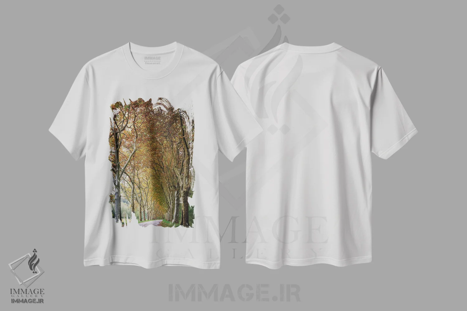 تیشرت سفید طرح دار کوچه درختان بلند پاییزی، مدیوم اثر نیک ریو | immage.ir