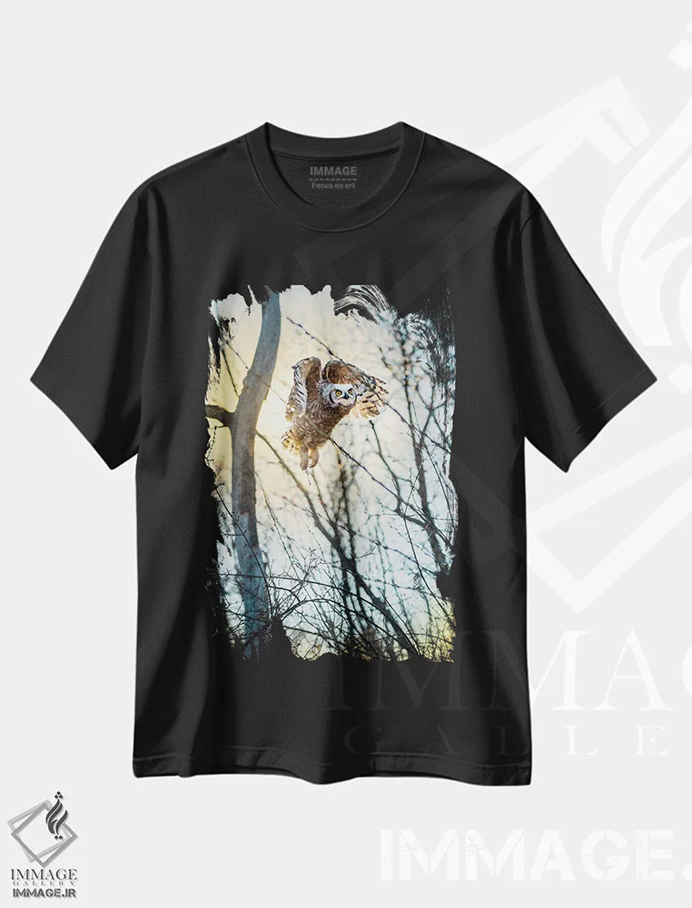 تیشرت مشکی طرح دار جغد در حال پرواز از میان جنگل زیر نور خورشید، مدیوم اثر نیک ریو | فروشگاه ایماژ