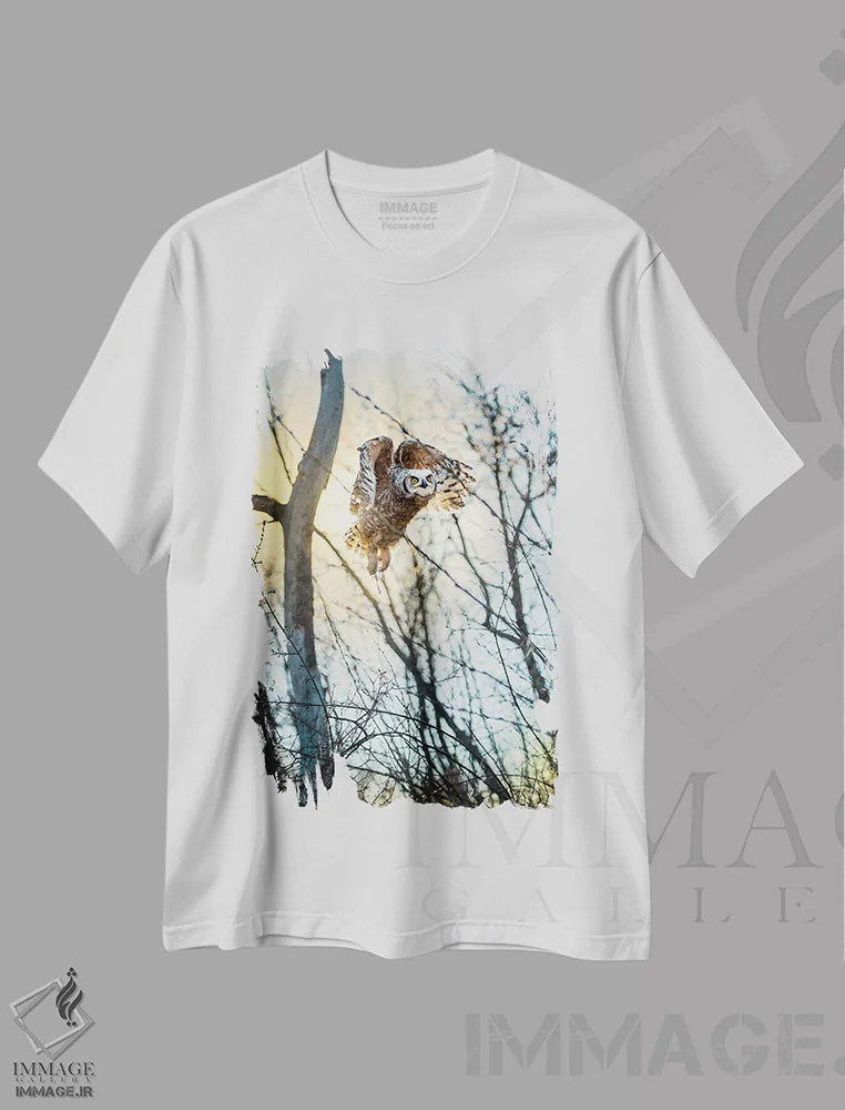 تیشرت سفید طرح دار جغد در حال پرواز از میان جنگل زیر نور خورشید، مدیوم اثر نیک ریو | immage.ir